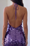 Purple Halter Bodycon Backless Sequin Short Homecoming Dress