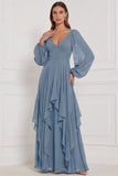 Espresso Chiffon Ruffled Long Sleeve Bridesmaid Dress with Lace-up Back