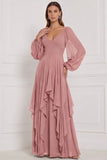 Espresso Chiffon Ruffled Long Sleeve Bridesmaid Dress with Lace-up Back