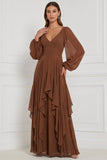 Espresso Chiffon Ruffled Long Sleeve Bridesmaid Dress with Lace-up Back