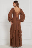 Espresso Chiffon Ruffled Long Sleeve Bridesmaid Dress with Lace-up Back
