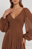 Espresso Chiffon Ruffled Long Sleeve Bridesmaid Dress with Lace-up Back