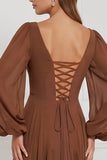Espresso Chiffon Ruffled Long Sleeve Bridesmaid Dress with Lace-up Back