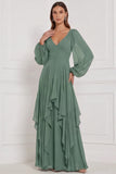 Espresso Chiffon Ruffled Long Sleeve Bridesmaid Dress with Lace-up Back