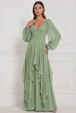 Espresso Chiffon Ruffled Long Sleeve Bridesmaid Dress with Lace-up Back