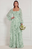 Floral Sage Corset Long Sleeve Ruffled Bridesmaid Dress with Lace-up Back