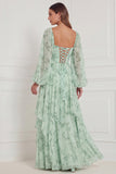 Floral Sage Corset Long Sleeve Ruffled Bridesmaid Dress with Lace-up Back