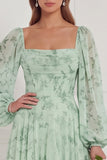 Floral Sage Corset Long Sleeve Ruffled Bridesmaid Dress with Lace-up Back