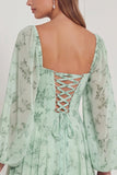 Floral Sage Corset Long Sleeve Ruffled Bridesmaid Dress with Lace-up Back