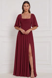 Burnt Orange Flutter Sleeve Lace-up Back Chiffon Bridesmaid Dress with Slit