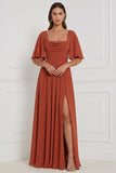 Burnt Orange Flutter Sleeve Lace-up Back Chiffon Bridesmaid Dress with Slit