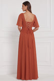 Burnt Orange Flutter Sleeve Lace-up Back Chiffon Bridesmaid Dress with Slit