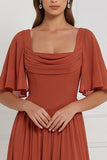 Burnt Orange Flutter Sleeve Lace-up Back Chiffon Bridesmaid Dress with Slit