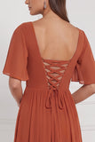 Burnt Orange Flutter Sleeve Lace-up Back Chiffon Bridesmaid Dress with Slit