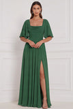 Burnt Orange Flutter Sleeve Lace-up Back Chiffon Bridesmaid Dress with Slit