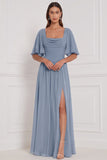 Burnt Orange Flutter Sleeve Lace-up Back Chiffon Bridesmaid Dress with Slit