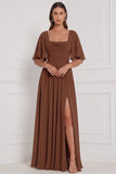 Burnt Orange Flutter Sleeve Lace-up Back Chiffon Bridesmaid Dress with Slit