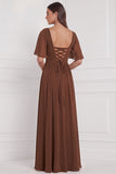 Burnt Orange Flutter Sleeve Lace-up Back Chiffon Bridesmaid Dress with Slit