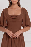Burnt Orange Flutter Sleeve Lace-up Back Chiffon Bridesmaid Dress with Slit