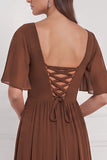 Burnt Orange Flutter Sleeve Lace-up Back Chiffon Bridesmaid Dress with Slit