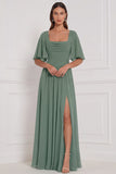 Burnt Orange Flutter Sleeve Lace-up Back Chiffon Bridesmaid Dress with Slit
