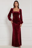 Velvet Espresso Square Neck Long Sleeve Bridesmaid Dress