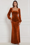 Velvet Espresso Square Neck Long Sleeve Bridesmaid Dress