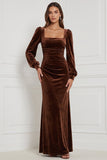 Velvet Espresso Square Neck Long Sleeve Bridesmaid Dress