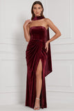 Strapless Espresso Ruched Sheath Velvet Bridesmaid Dress with Slit