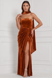 Strapless Espresso Ruched Sheath Velvet Bridesmaid Dress with Slit
