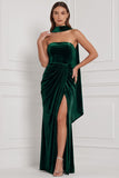Strapless Espresso Ruched Sheath Velvet Bridesmaid Dress with Slit