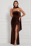 Strapless Espresso Ruched Sheath Velvet Bridesmaid Dress with Slit