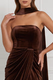 Strapless Espresso Ruched Sheath Velvet Bridesmaid Dress with Slit