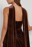 Strapless Espresso Ruched Sheath Velvet Bridesmaid Dress with Slit