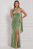 Strapless Espresso Ruched Sheath Velvet Bridesmaid Dress with Slit