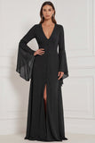 Chiffon A Line Burnt Orange V-Neck Long Sleeve Bridesmaid Dress with Slit