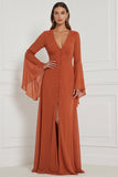 Chiffon A Line Burnt Orange V-Neck Long Sleeve Bridesmaid Dress with Slit