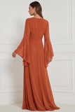 Chiffon A Line Burnt Orange V-Neck Long Sleeve Bridesmaid Dress with Slit