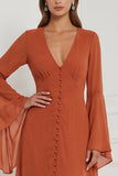 Chiffon A Line Burnt Orange V-Neck Long Sleeve Bridesmaid Dress with Slit