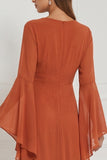 Chiffon A Line Burnt Orange V-Neck Long Sleeve Bridesmaid Dress with Slit