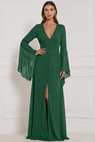 Chiffon A Line Burnt Orange V-Neck Long Sleeve Bridesmaid Dress with Slit