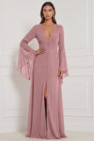 Chiffon A Line Burnt Orange V-Neck Long Sleeve Bridesmaid Dress with Slit