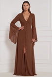 Chiffon A Line Burnt Orange V-Neck Long Sleeve Bridesmaid Dress with Slit
