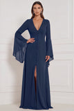 Chiffon A Line Burnt Orange V-Neck Long Sleeve Bridesmaid Dress with Slit