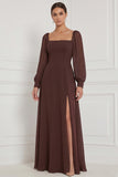 Espresso Square Neck Long Sleeve Chiffon A Line Bridesmaid Dress with Slit