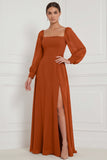 Espresso Square Neck Long Sleeve Chiffon A Line Bridesmaid Dress with Slit