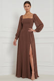 Espresso Square Neck Long Sleeve Chiffon A Line Bridesmaid Dress with Slit