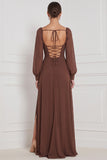 Espresso Square Neck Long Sleeve Chiffon A Line Bridesmaid Dress with Slit