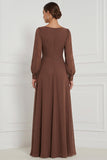 Espresso Square Neck Long Sleeve Chiffon A Line Bridesmaid Dress with Slit