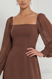 Espresso Square Neck Long Sleeve Chiffon A Line Bridesmaid Dress with Slit
